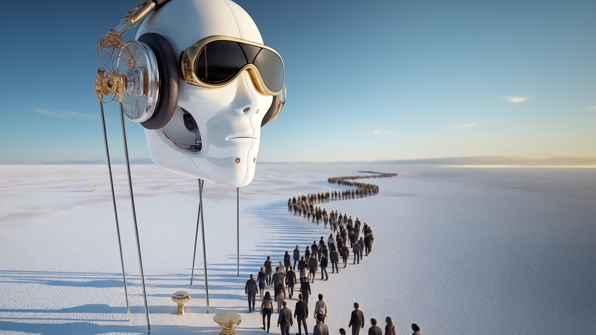 A giant white head wearing gold headphones and goggles, standing in a white desert as a long line of people walks towards it